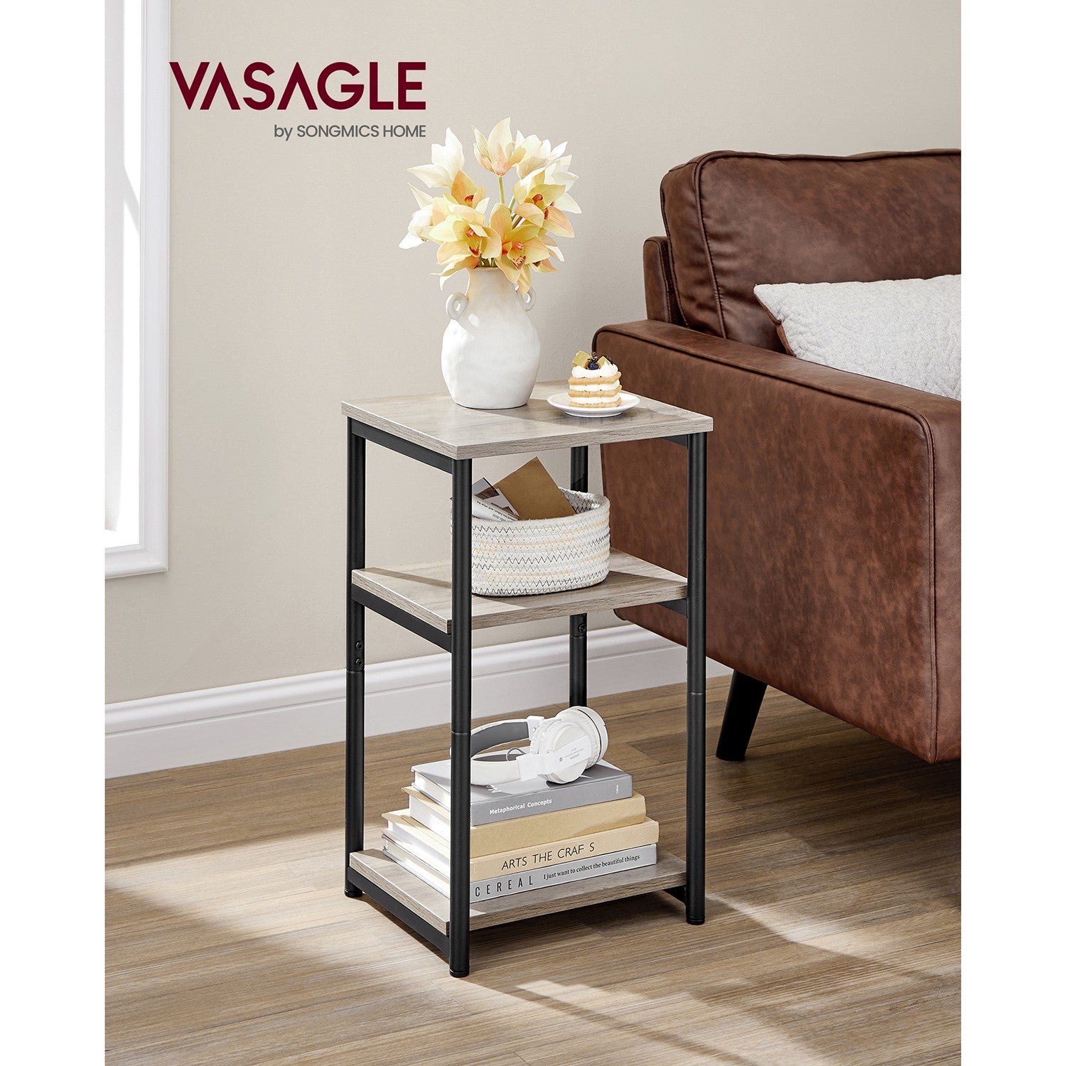 VASAGLE ULET273B02 side table beside a sofa with display props