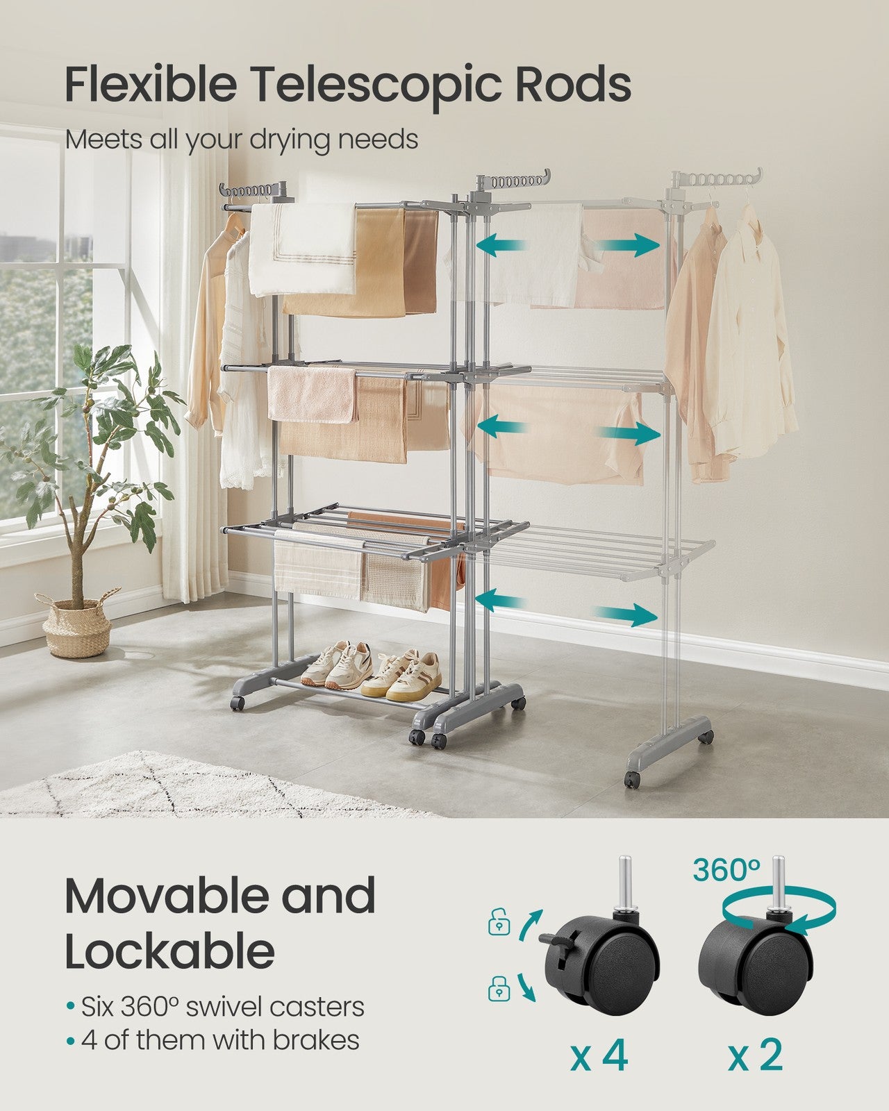 SONGMICS ULLR704G01 drying rack showing telescopic rods and wheels