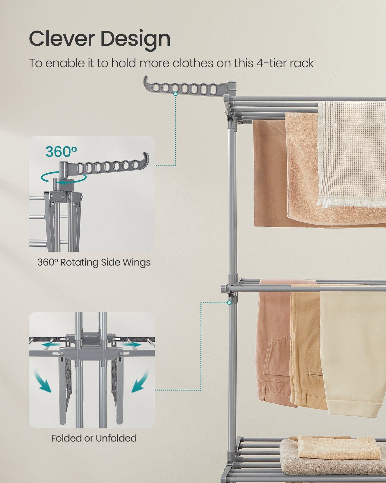 SONGMICS ULLR704G01 drying rack showing rotating side wings and folded frame