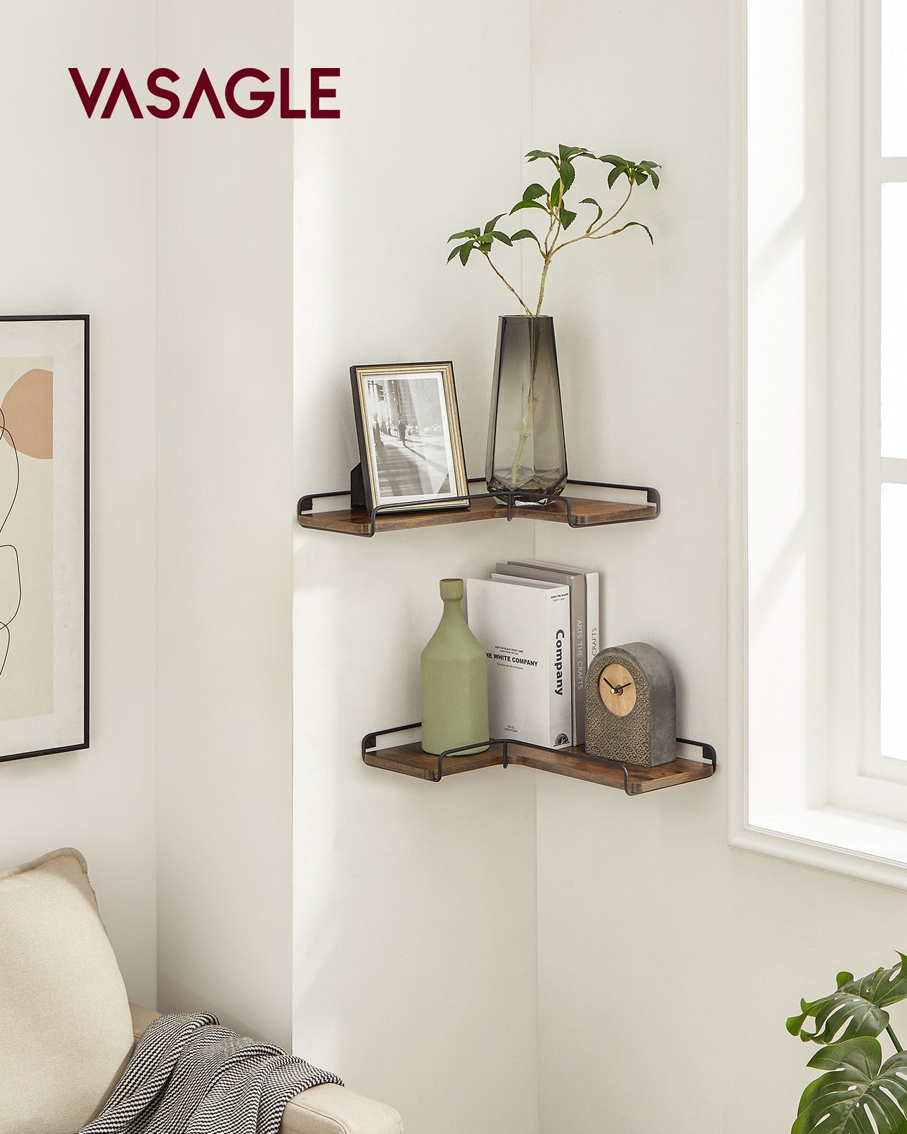 VASAGLE ULLS831B01 corner shelves installed beside a sofa