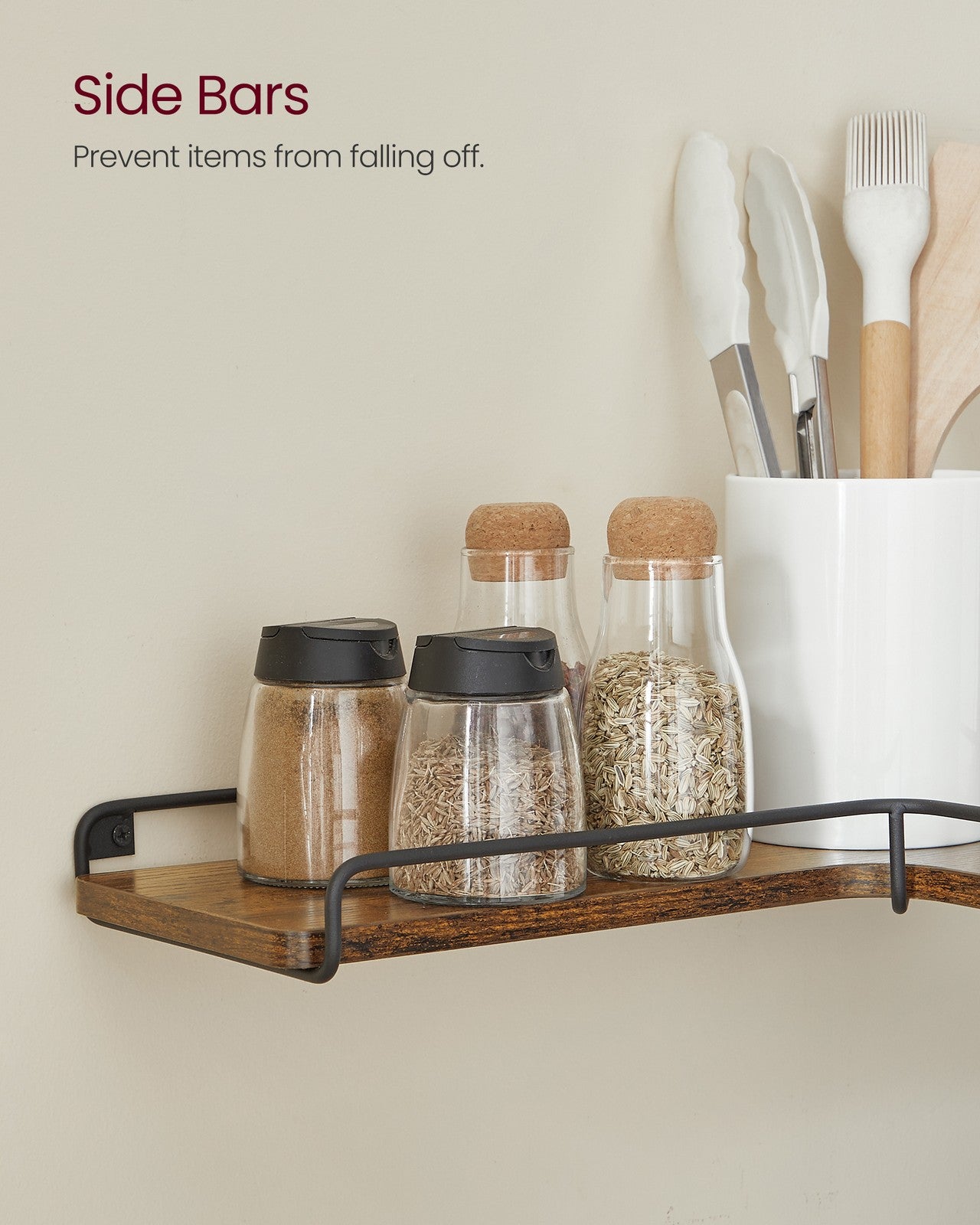 VASAGLE ULLS831B01 rustic-brown shelf with black side rails and jars used as display props