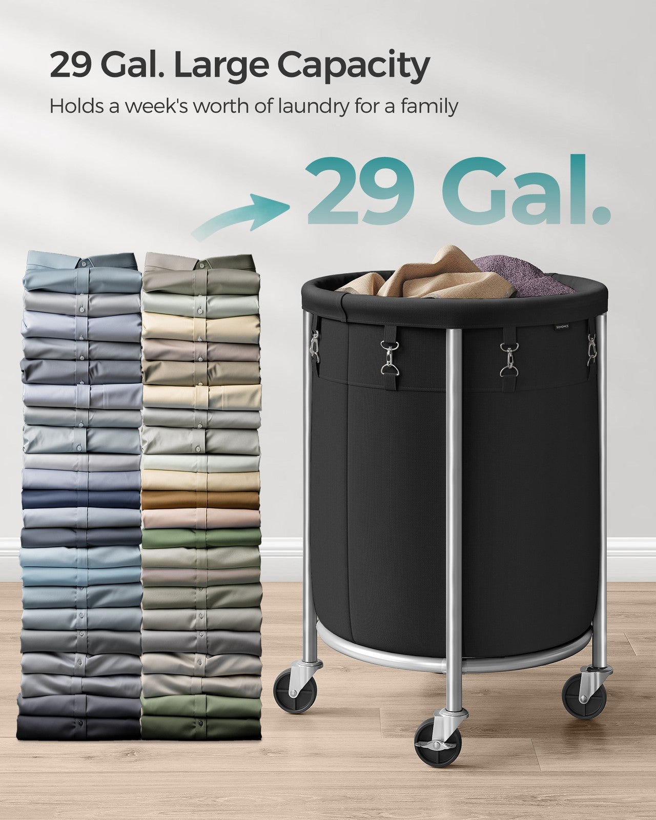 SONGMICS URLS002B01 black laundry basket with manufacturer capacity annotation and folded laundry used as display props
