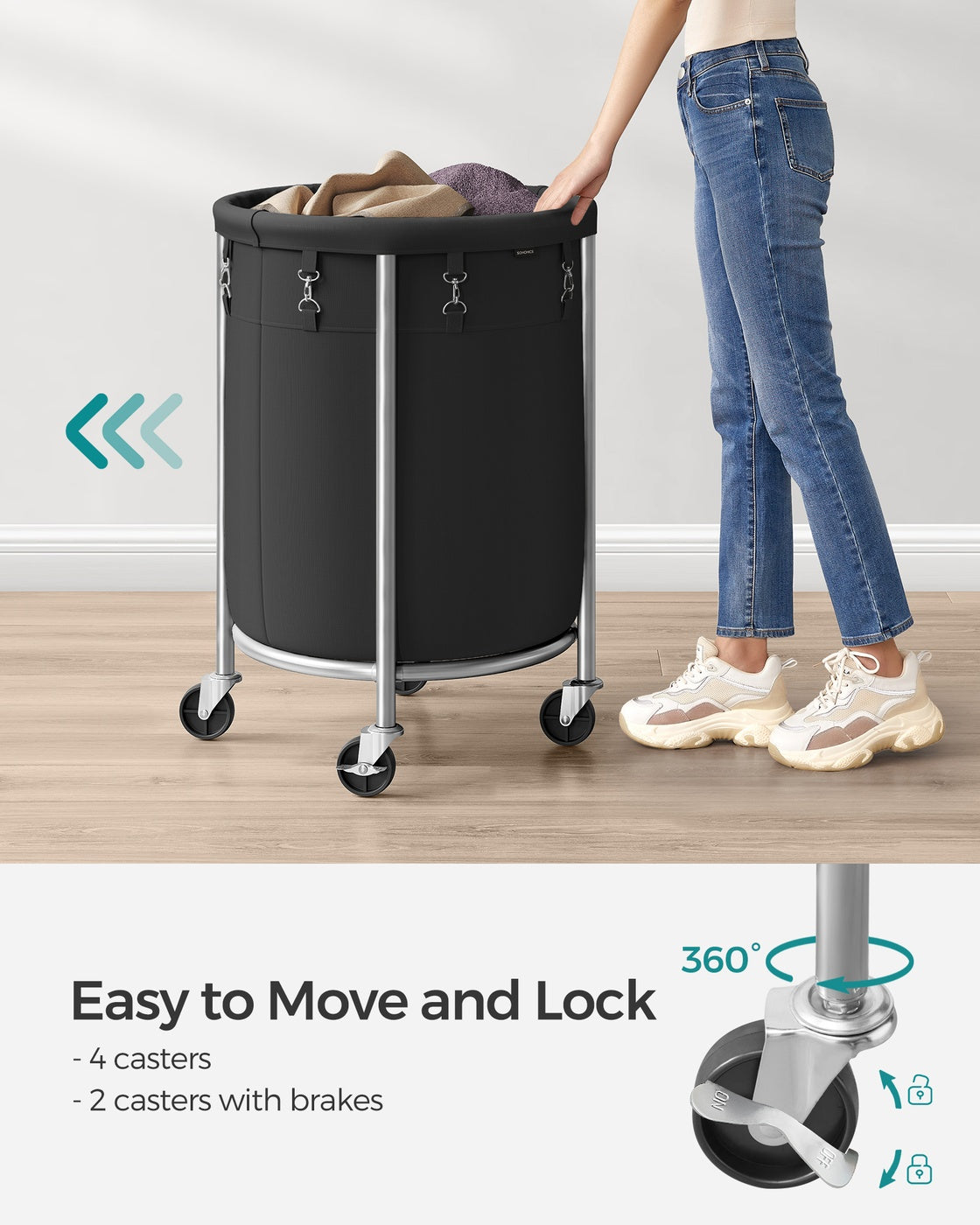 SONGMICS URLS002B01 laundry basket showing wheels and movement