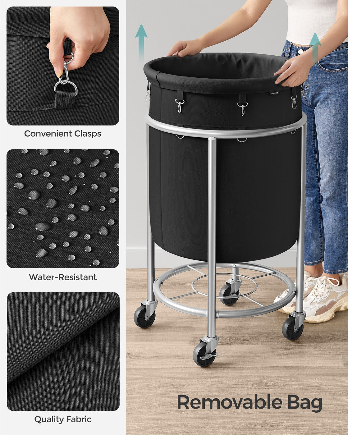 SONGMICS URLS002B01 laundry basket showing the removable black bag and clasps
