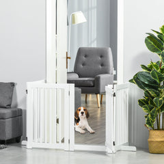 PawHut D06-046WT white four-panel pet gate — door open in a living-room doorway